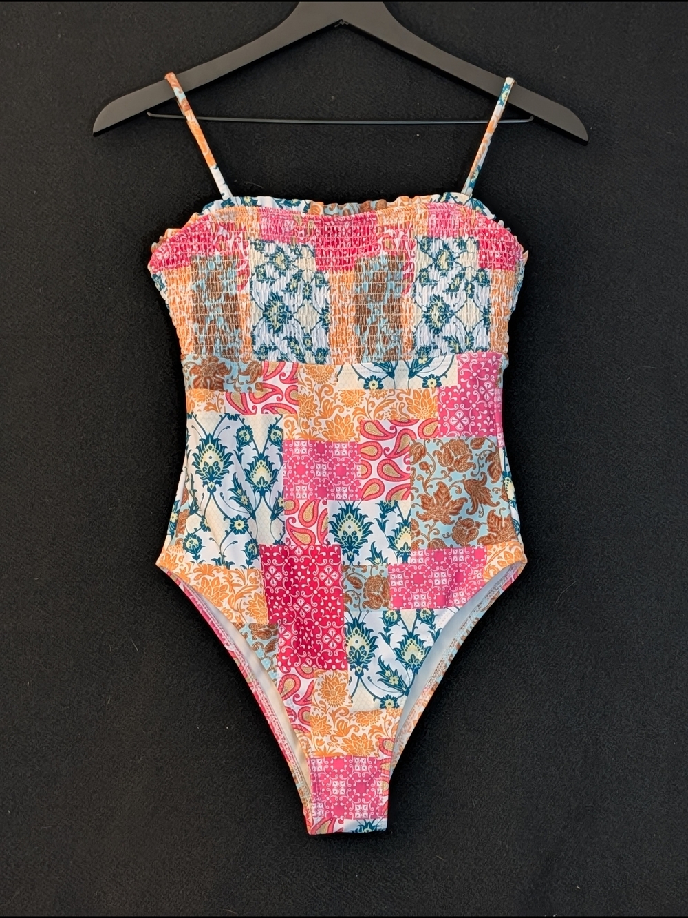 Women One Piece Swimsuit Smocked Bust Boho Patchwork Floral Paisley Bathing
